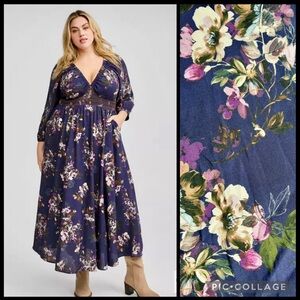 Torrid Blue Floral Maxi 3/4 Raglan Sleeve V-Neck Dress 2x Prairie Smocked Waist